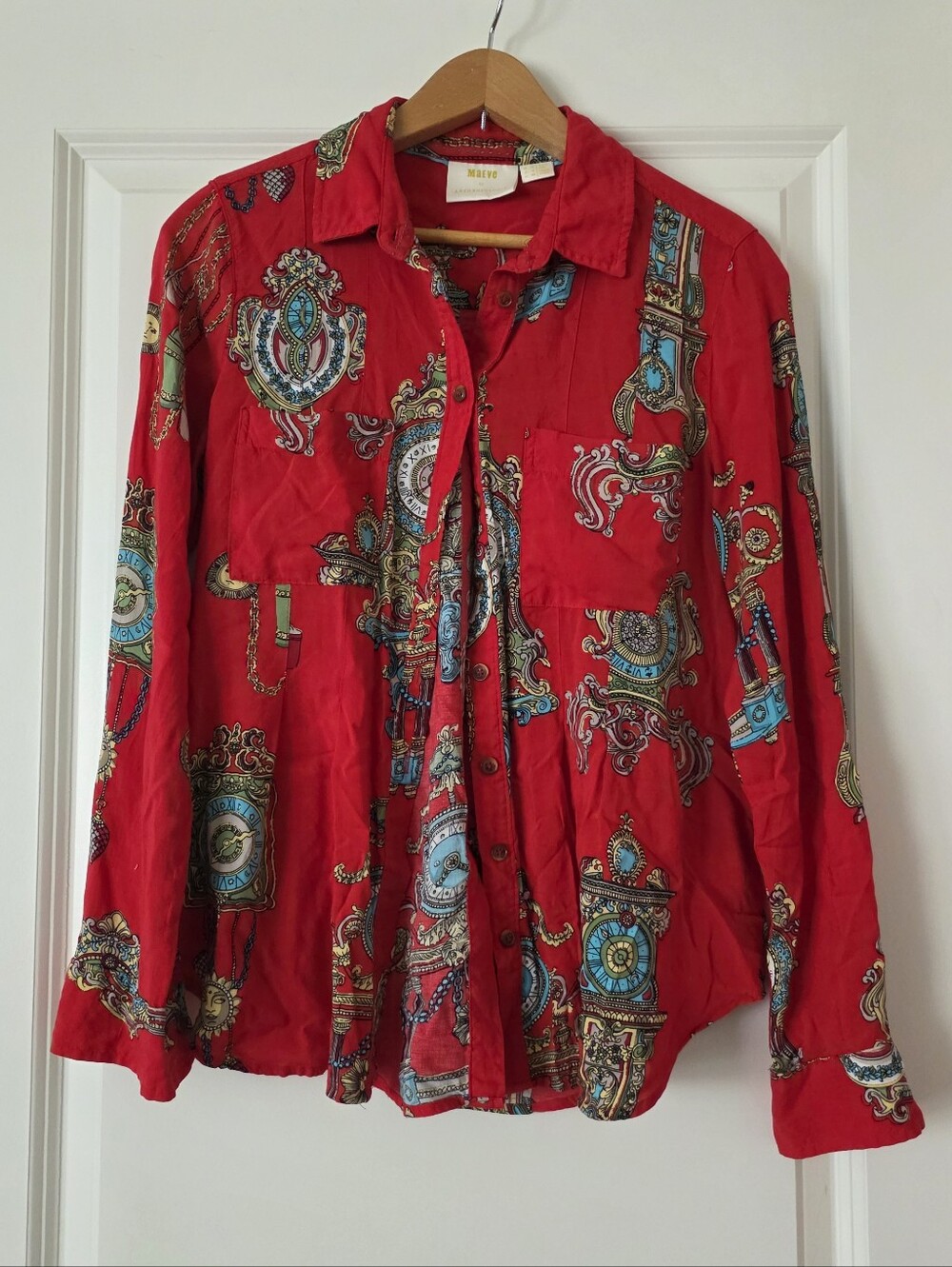 Maeve Anthropologie Button Up Shirt Whimsy Antique Clocks Red Chains Womens 8